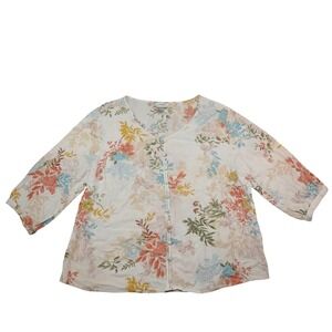 cj banks Women 1X Floral Bird Print Button Front Rayon Blouse 3/4 Sleeve White
